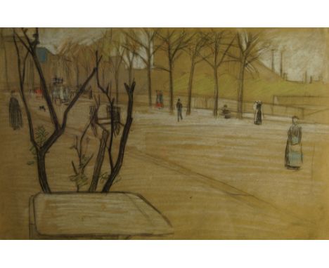 European School, late 19th century- Figures promenading in a park; black and coloured chalk on brown paper, 24 x 36.5 cm Fram