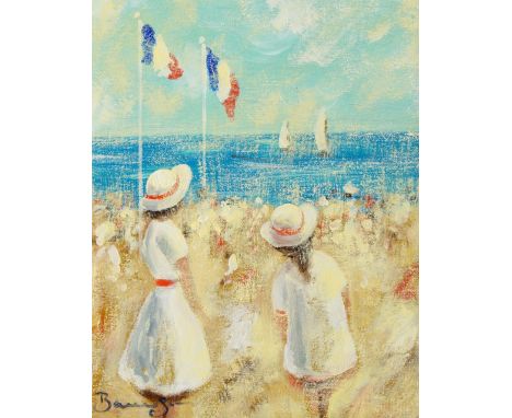 Walter Beauvais, British 1942-1998- Two girls at the beach; oil on canvas board, signed lower left, 24.3 x 19.1 cm (ARR)  The
