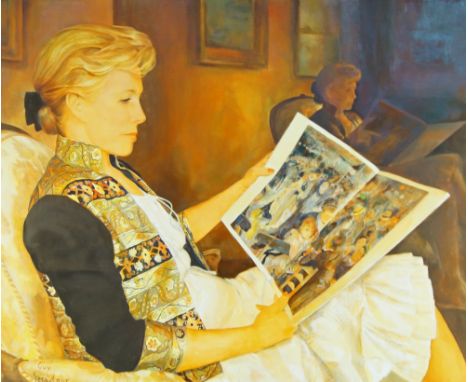Guy Seradour, French 1922-2007- Lady reading; oil on canvas, signed 'Guy Seradour' (lower right), 59.7 x 73 cm (ARR) The canv