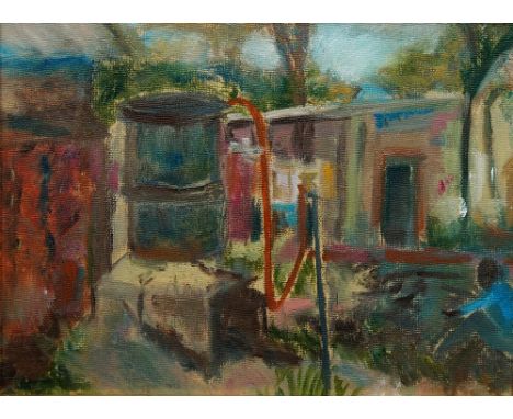 European School, mid/late 20th century- Figure seated outside cottages; oil on canvasboard, 20 x 28 cm. Framed, unexamined ou
