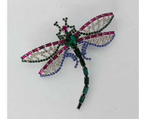 CHRISTIAN DIOR LIBELLENBROSCHE.Modeschmuck. Metall mit Farbsteinen. Signiert. 8x9,5cm