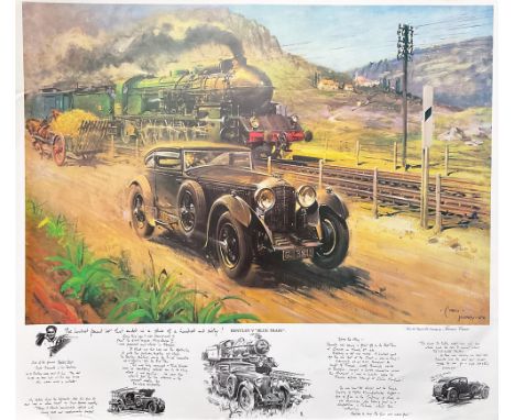 Terence Cuneo 31x27 Colour Print Titled Cuneo Bentley vs Blue Train Cuneo Fine Arts. An Unusual Print with printed writing. F