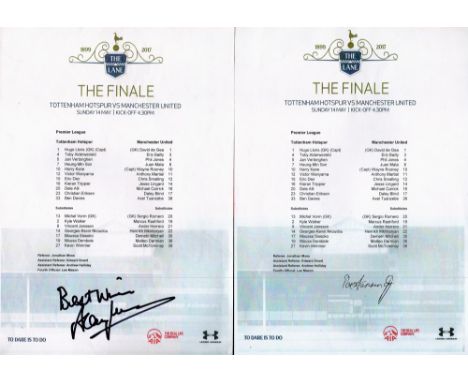 Tottenham Hotspurs 4 Individually Signed Team Sheets Vs Man Utd, on Sunday 14th May 2017 at White Lane. This Game is the Fina