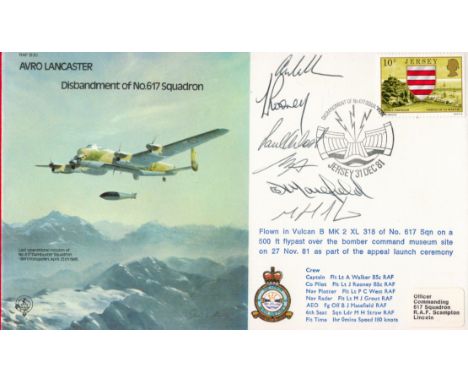 Avro Lancaster Multi Signed Disbandment of 617 Squadron Flown FDC with Stamps and Postmarks. Signed by the Entire Crew Flt Lt