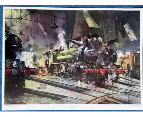 Terence Cuneo Colour Railway Print 23x31 titled 'The Great Marquess' Print Shows three locomotives in the repair station. Pri