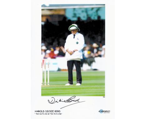 Legendary Cricket Umpire Dickie Bird Signed 16x12 Colour Photo. Personalised Print, Limited to 50 Copies. Signed in black mar