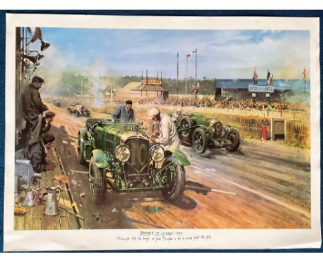Terence Cuneo coloured print titled 'Bentleys At Le Mans 1929'. Approx 23 x 33. Under the title of the print quotes O'Enlange