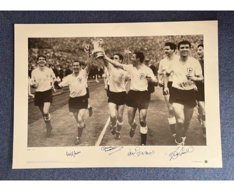 Cliff Jones, Dave Mackay, Jimmy Greaves and Bobby Smith signed Tottenham 16 x 23 black and white limited edition big blue tub