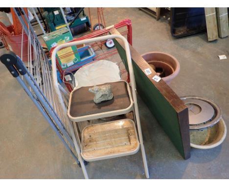 Mixed lot to include a card table step ladders laundry basket / dryer planters 