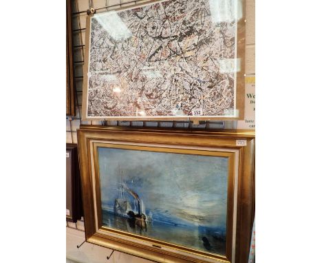Two prints fighting war ship towed into dock and a Kandinsky print 