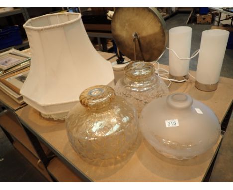 Three glass pendant light shades two standard lamp shades 
