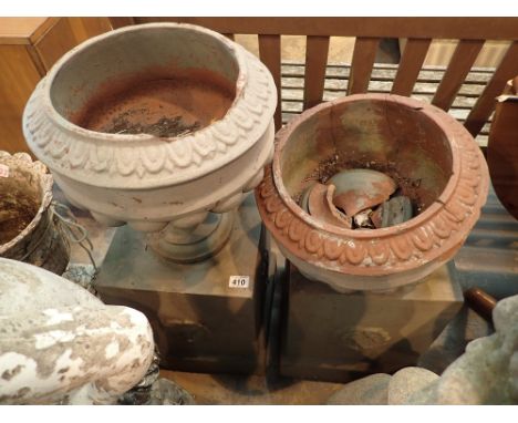 Pair of terracotta garden urns on plinth bases both A/F