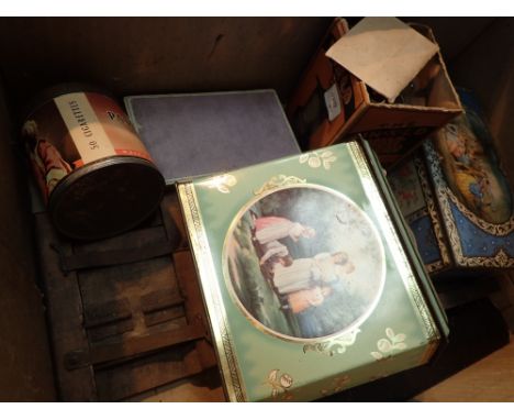 Collection of vintage tins slide rules and a cut throat razor