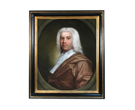 Attributed to Andrea Soldi (Italian, born c. 1703-1771) Portrait of a Gentleman in a grey wig, white stock and gold cloak, in