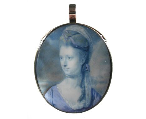 English School (19th Century) Portrait of a lady in a blue dress on a sky background; together with a portrait of a young gen