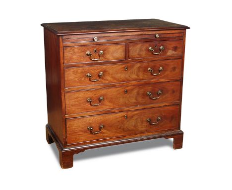 A George III mahogany chest of drawers, with brushing slide, brass handles on square bracket feet 95 x 96cm (37 x 37in) Prove