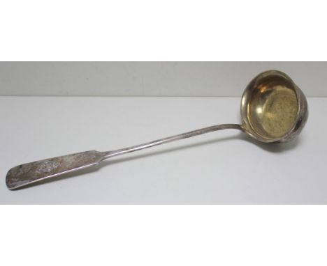 A large Russian silver Fiddle pattern soup ladle, Minsk 1872, assay master OC, maker W Luther, gilt lined bowl, 38cm, 8.9oz  