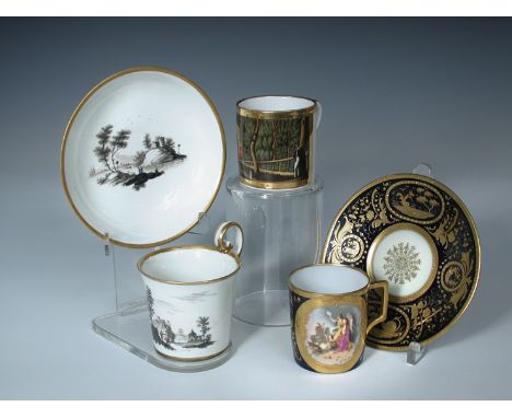 Two Vienna coffee cans and saucers and a German can, the first painted in black with figure by a lake, the second painted wit