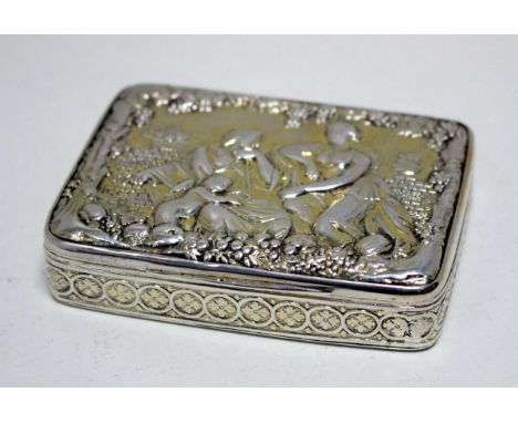 A George III silver gilt pocket snuff box, by Joseph Willmore, Birmingham 1813, rectangular with relief showing figures in a 