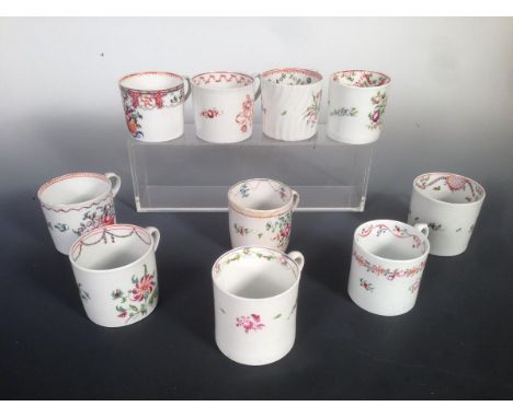 Six New Hall coffee cans, two by Keeling and two others, each painted with chinoiserie flowers, the pattern numbers listed on