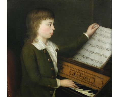 English School circa 1790  Portrait of a boy, half length, wearing a green coat and white shirt, seated at a spinet, holding 