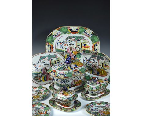 An early 19th century Mason's Ironstone part service, each piece decorated with a mandarin taking tea outside a pavilion watc