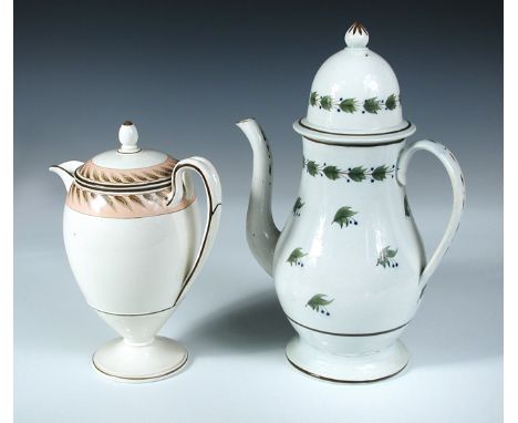An early 19th century Wedgwood creamware coffee pot and cover together with another in pearlware, the rims of the first paint