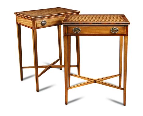 A pair of modern, cabinet-made Sheraton style satinwood lamp tables, parquetry inlaid tops crossbanded in rosewood, each fitt