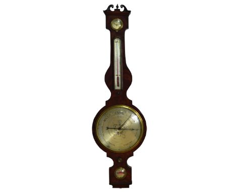 G. Volanterio, Doncaster, a 19th century figured mahogany wheel barometer, the swanneck pediment above four silvered dials 11