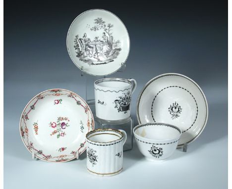A Worcester saucer and other18th century tea wares, the first bearing 'R. Hancock' print of the tea party, together with a Ne