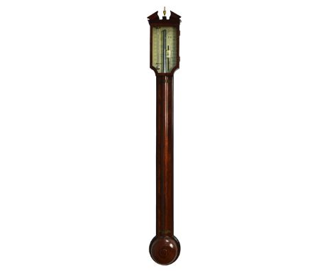 J. Poncione Fecit, a George III mahogany stick barometer, the exposed tube with applied convex moulded cover and chequer band