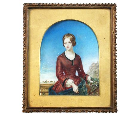 English School (19th Century)  Portrait of a young girl in a red dress watercolour on ivory (or possibly ivorine) 15 x 12cm (