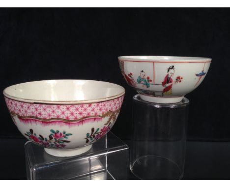 A First period Worcester bowl, painted with flowers below pink diamond diaper, together with another bowl attributed to Worce