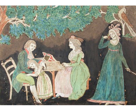 French School  (circa 1750) A woodland scene with a family playing musical instruments ink and gouache on paper mounted on bo