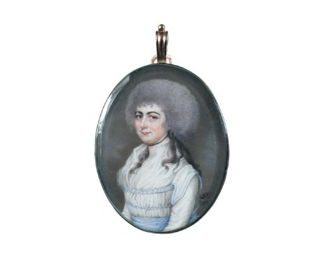 English School (18th Century) Portrait of a lady in white, with powdered hair initialled and dated lower right "TR 1790" wate
