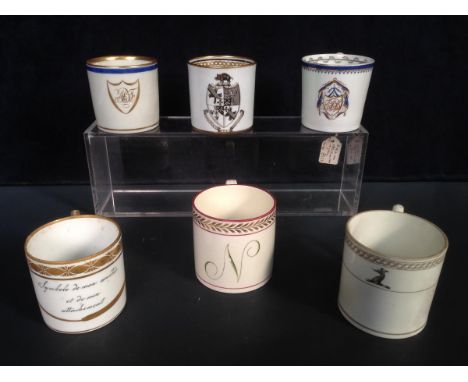 A Spode Armorial coffee can and five others, the former with the motto 'Avauncez et Archez Bien' and boar crest over 'Val Y G
