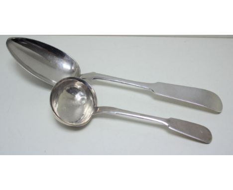 A large Russian silver fiddle pattern gravy spoon, Moscow 1843 assay master Michail Nikolayev Falseev, maker's mark C.T, 28cm
