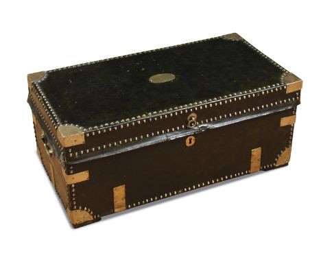 An 18th century leather travelling trunk, brass bound and studded with end carrying handles 36 x 81 x 43cm (14 x 32 x 17in)  