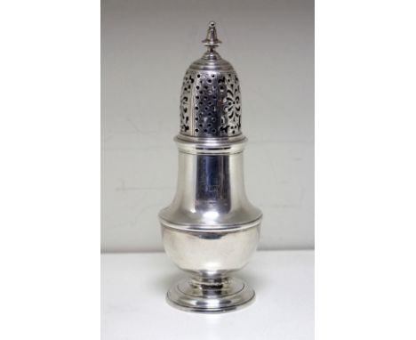 A George II silver caster, by Samuel Wood, London 1748, of plain baluster shape with moulded girdle, the decoratively pierced