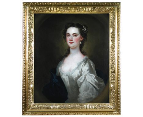 John Vanderbank (British, 1694–1739) Portrait of Mary Thompson, half length, in white with pearls in her hair signed centre l