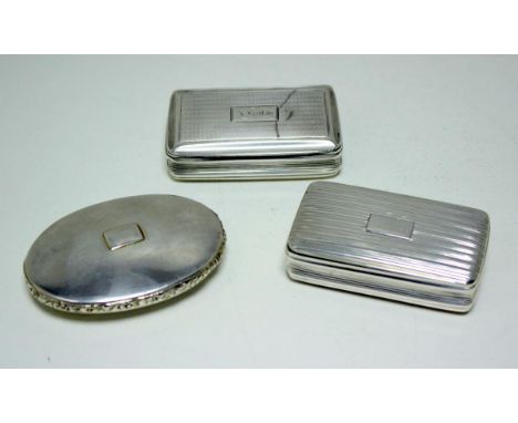 Three small silver snuff boxes, one by Nathaniel Mills, Birmingham 1830, of rectangular shape with ribbed design to cover and