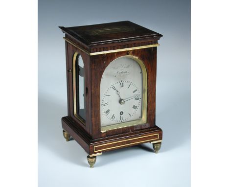 William Cribb, London, a Regency rosewood and brass mounted timepiece of small proportions, the rectangular case with arched 