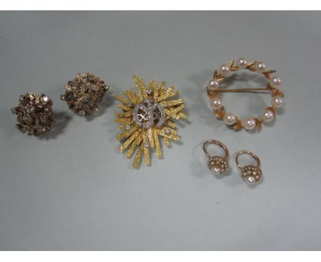 A small collection of diamond and pearl set jewellery, to include two pairs of earrings and two brooches; the first pair of e