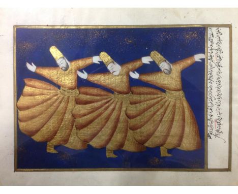 A 19th century illuminated manuscript page, possibly Ottoman, painted and gilt with three whirling dervishes against a blue g