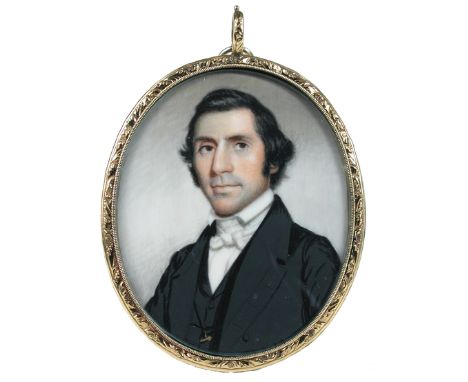 American School (circa 1843) Portrait of a Gentleman said to be R. Perry, wearing black coat and waistcoat, gold fob seal, wh