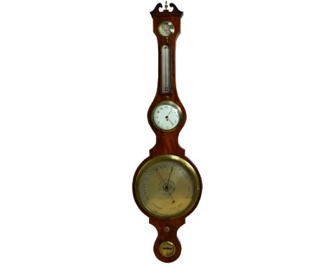 G. Dotty, Braintree, a 19th century mahogany wheel barometer with timepiece, with four silvered dials and enamelled timepiece