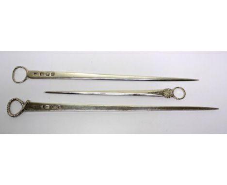 A George III silver meat skewer, maker's mark illegible, London 1776, with rope twist ring end, engraved with ship crest, 30c