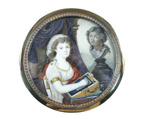 French School (early 19th Century) Portrait of an artist, possibly a self-portrait watercolour on ivory in a circular gold fr