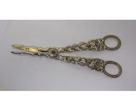 A pair of George IV cast parcel gilt grape shears, by Charles Rawlings, London 1827, fruiting vine patterned stems with beade