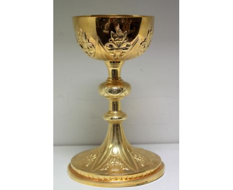 A 19th century French silver gilt chalice, first standard, by Lucie Goldstein, Paris circa 1896, raised on a broad circular f